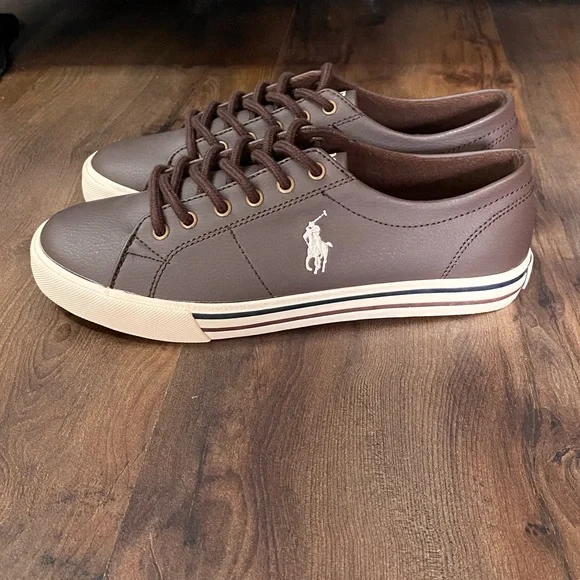 NWOT Polo Ralph Lauren Scholar Faux Leather Brown Sneakers Size 5.5 - Picture 2 of 7